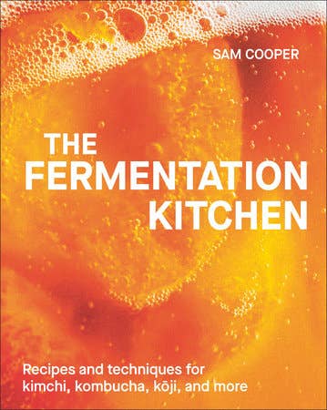 Book cover of 'The Fermentation Kitchen' with a close-up of fermenting liquid.