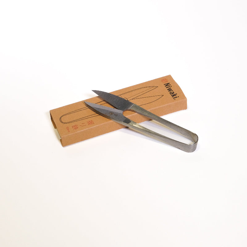 Metal scissors with a brown box labeled Niwaki on a white background