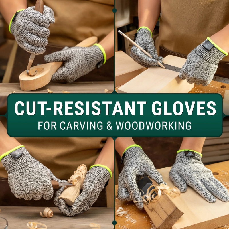 Cut-resistant gloves being used for carving and woodworking with text overlay.