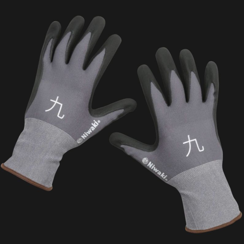 Pair of gray gloves with brand logo on a black background