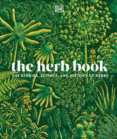 Book cover of 'The Herb Book' with green botanical illustrations and DK logo.