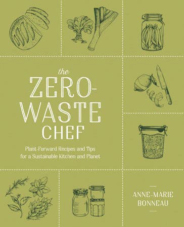 Book cover of 'The Zero-Waste Chef' with illustrations of vegetables and kitchen items on a green background.