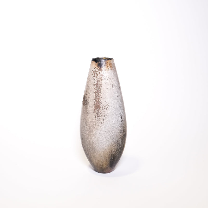 Silver metallic wooden vase on a white background